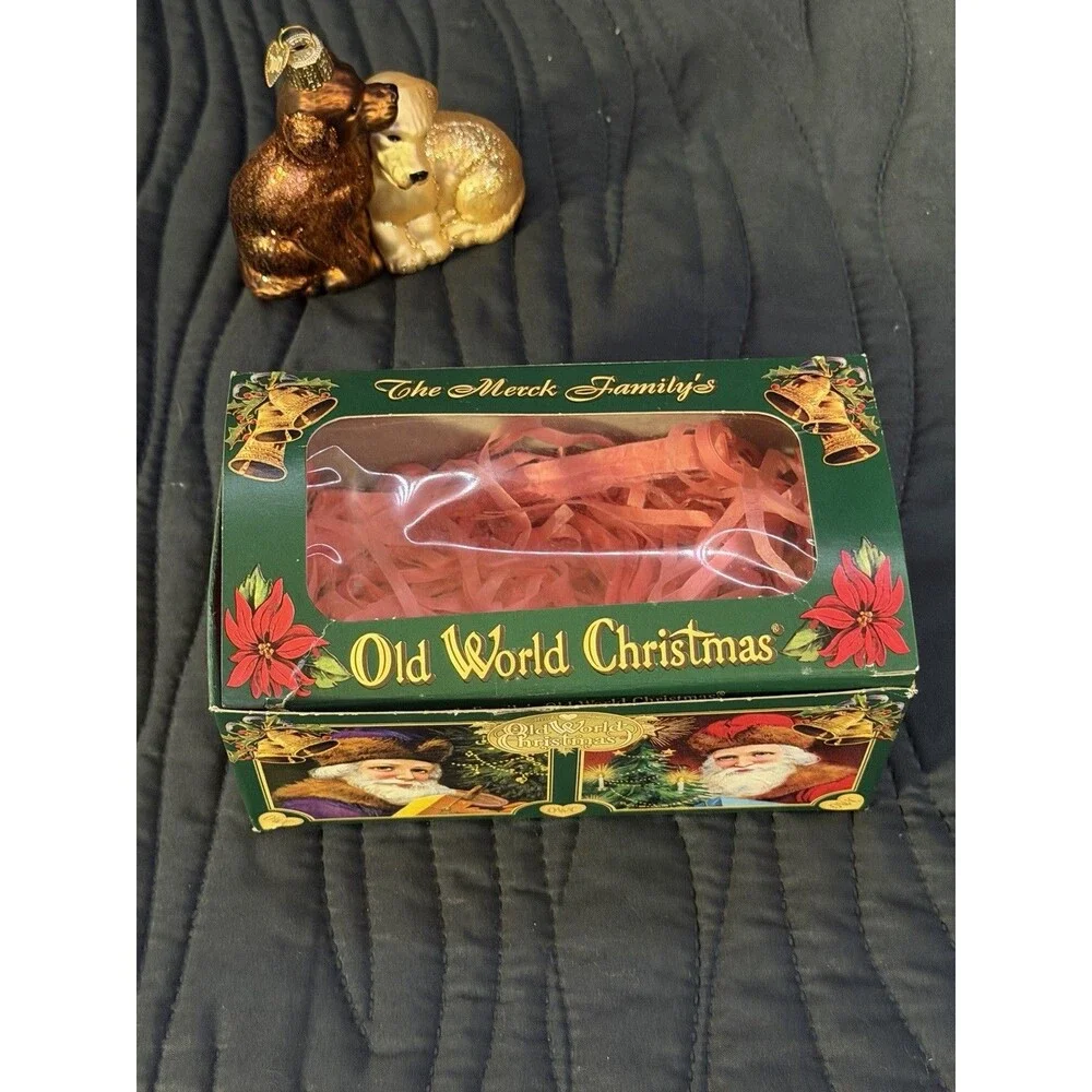 Merck Family Old World Christmas Glass Dog Ornament Brown & Golden w/ Box Bookle